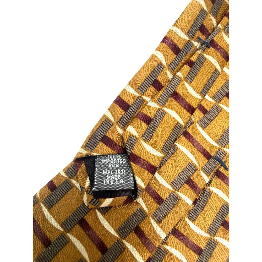 Louis Feraud Men's 100% Silk Tie Made in USA Gold Brown Geometric Abstract